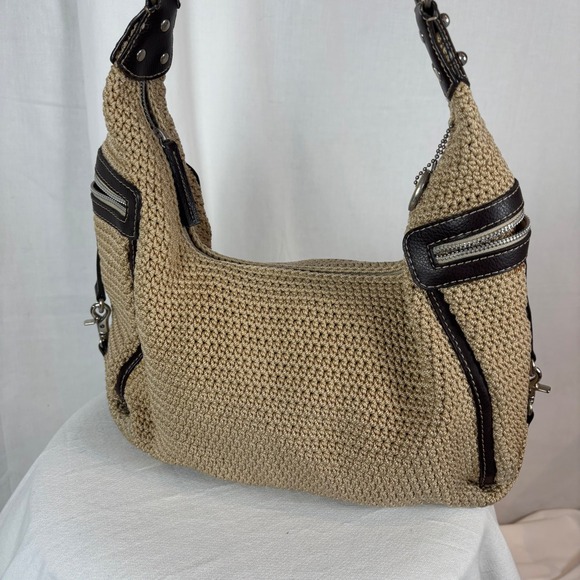 The Sak "Leann" Crochet Hobo Bag Tan Brown Leather Trim Silver Tone Hardware - Picture 2 of 12